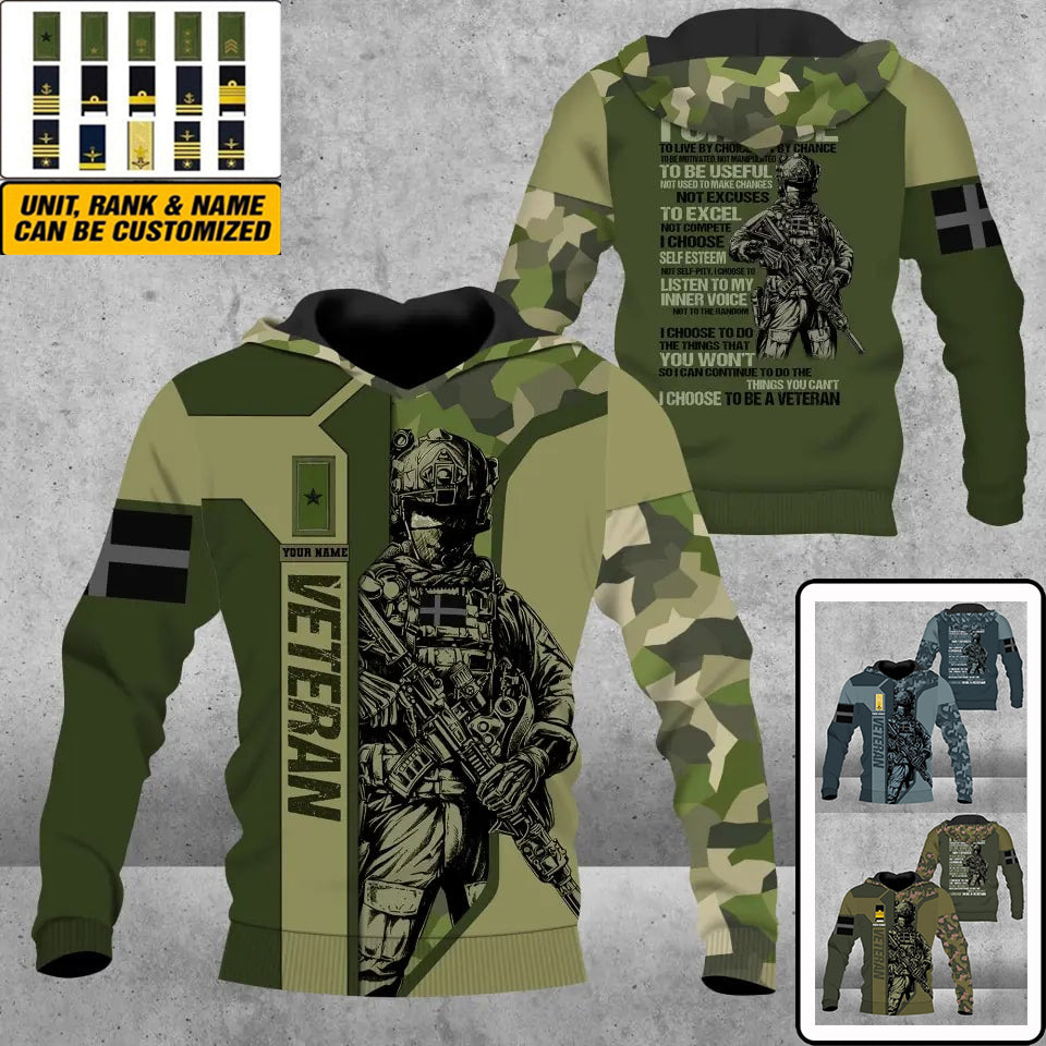 Personalisierter Kapuzenpullover mit 3D-Druck für schwedische Soldaten/Veteranen im Camouflage-Muster mit Namen und Rang – 16932672