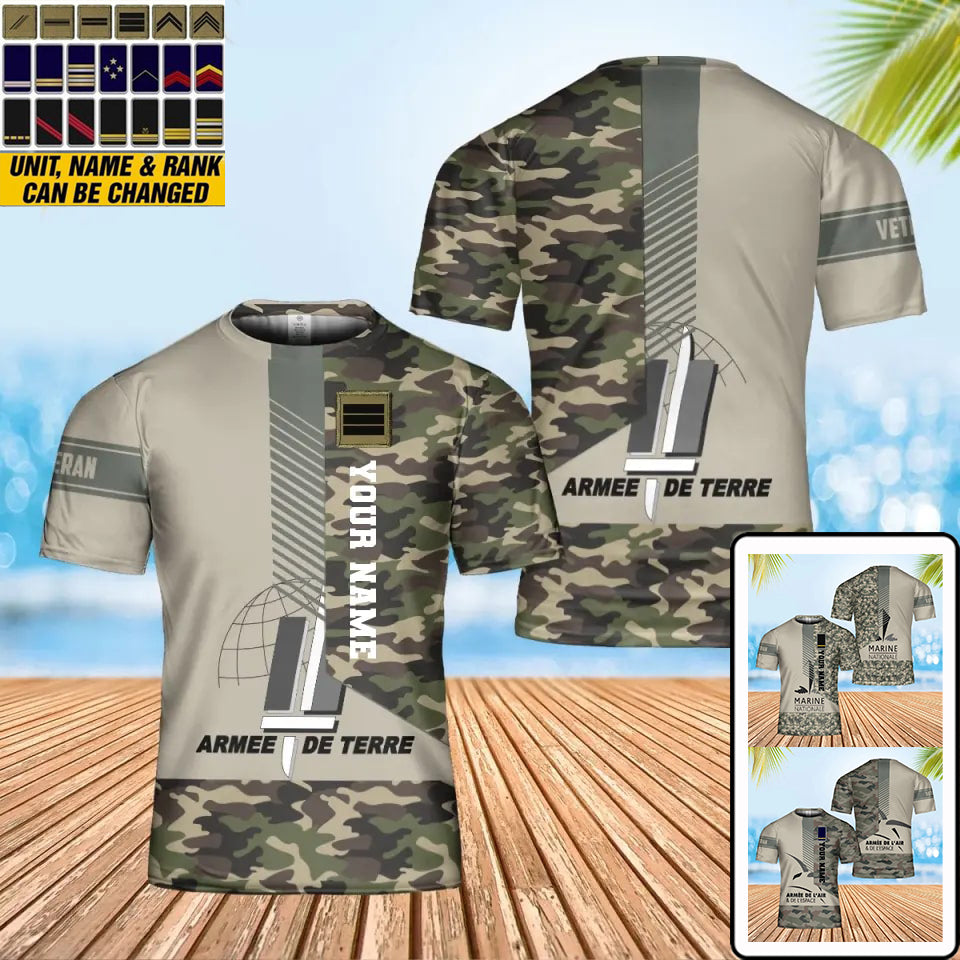 Personalisiertes T-Shirt mit französischem Soldaten-/Veteranen-Tarnmuster mit Namen und Rang, 3D-Druck – 0102240002