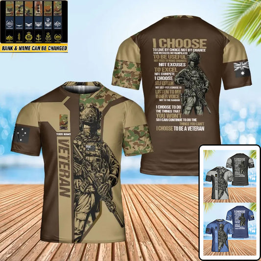 T-shirt personnalisé avec camouflage soldat/vétéran australien avec nom et grade imprimé en 3D - 0202240003