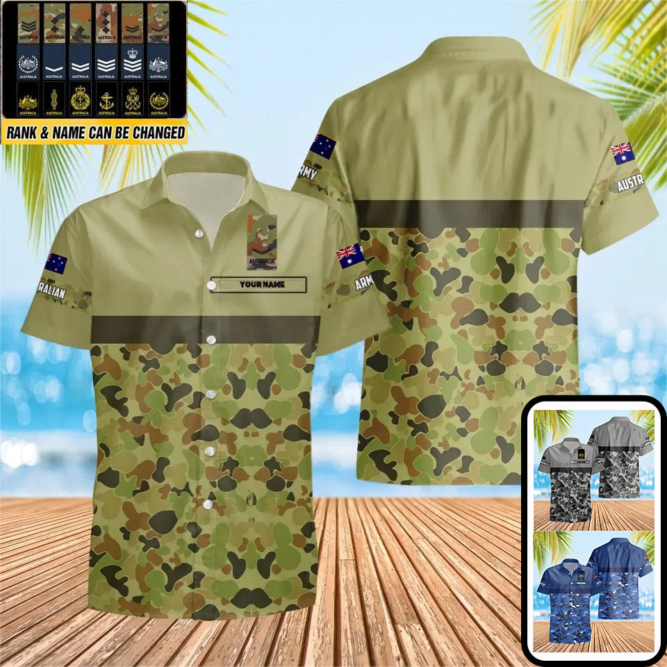 T-shirt Hawaïen personnalisé avec camouflage de soldat/vétéran australien avec nom et grade imprimé en 3D - 0604230010