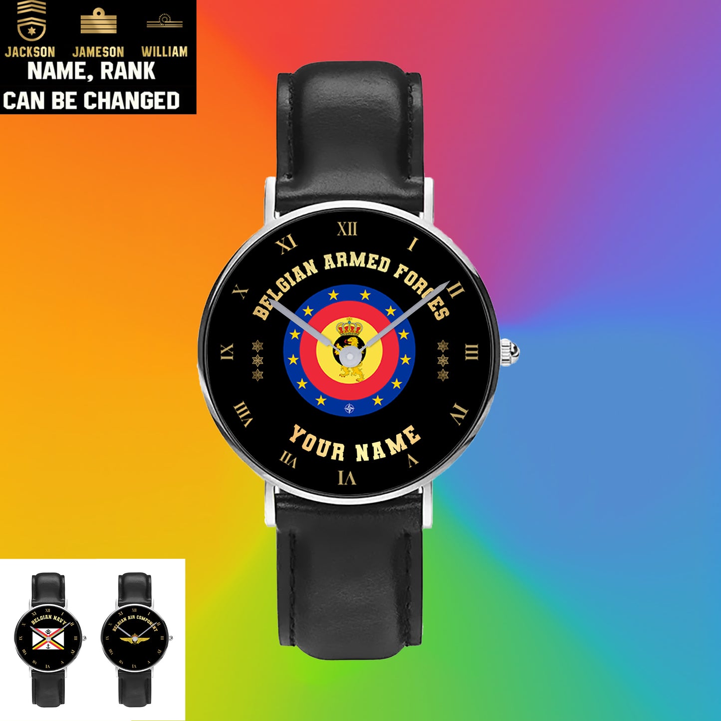 Montre Personnalisée Soldat/Vétéran Belge Avec Nom Et Grade En Cuir Noir Surpiqué - 0803240001 - Version Or