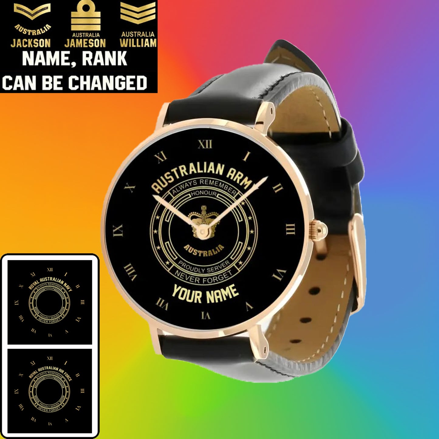 Montre personnalisée en cuir noir avec coutures noires pour soldat/vétéran australien avec nom et grade - 2803240001 - Version dorée