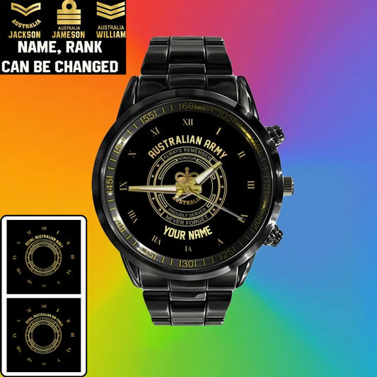 Personalisierte australische Soldat/Veteran mit Namen und Rang schwarze Edelstahluhr - 2803240001 - Goldversion