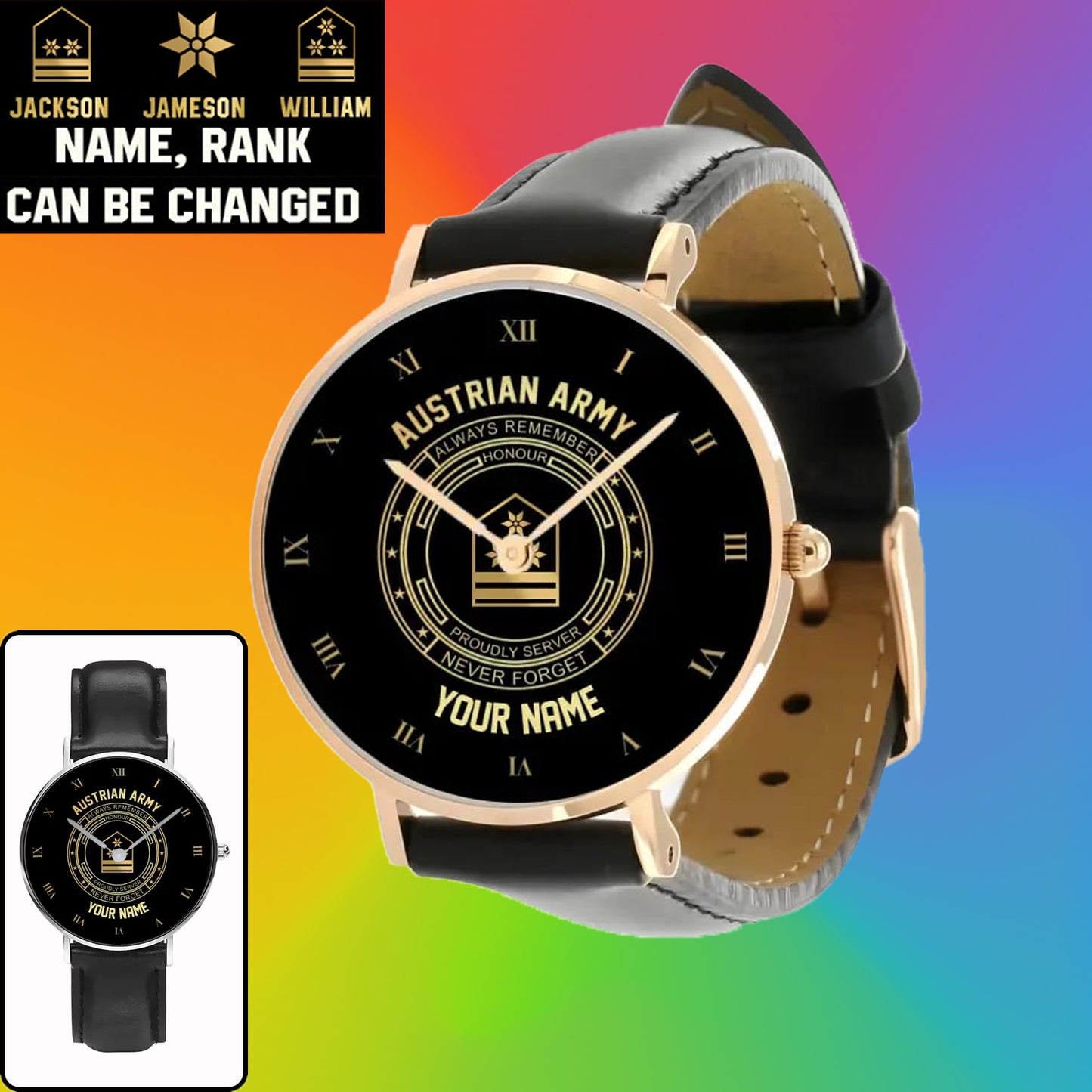 Personalisierte österreichische Soldat/Veteran mit Namen, Rang, schwarze genähte Lederuhr – 2803240001 – Goldversion