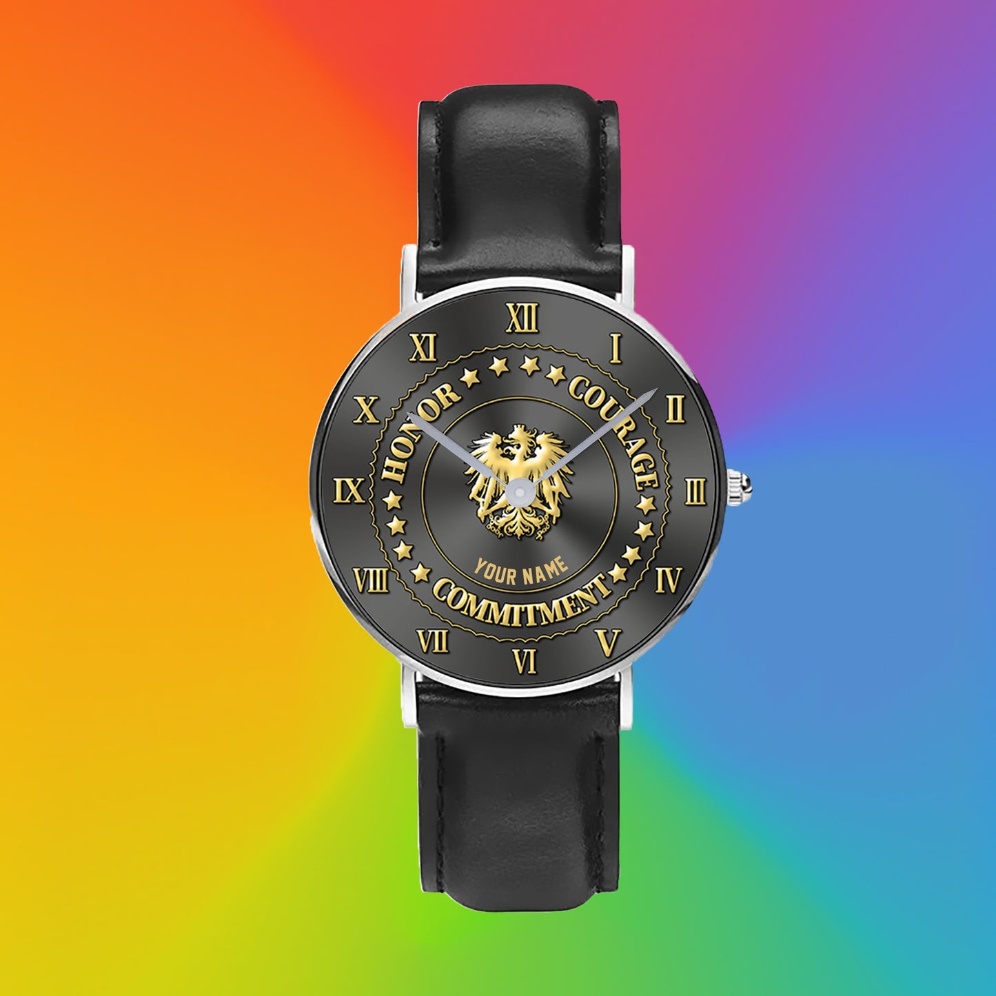 Personalisierte österreichische Soldat/Veteran mit Namen schwarze genähte Lederuhr - 2203240001 - Goldversion