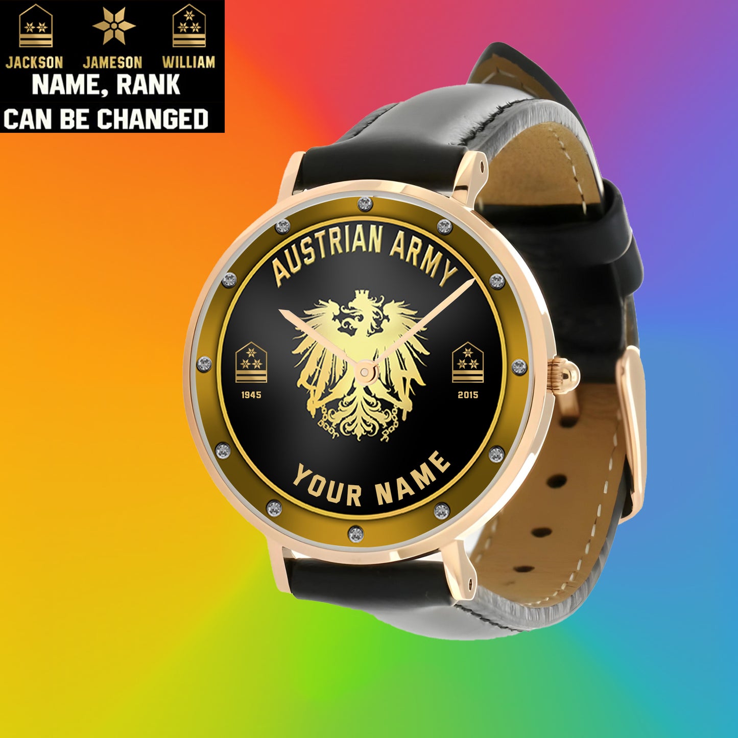 Personalized Austrian Soldier/ Veteran With Name, Rank And Year Black Stitched Leather Watch - 1803240001 - Gold Version