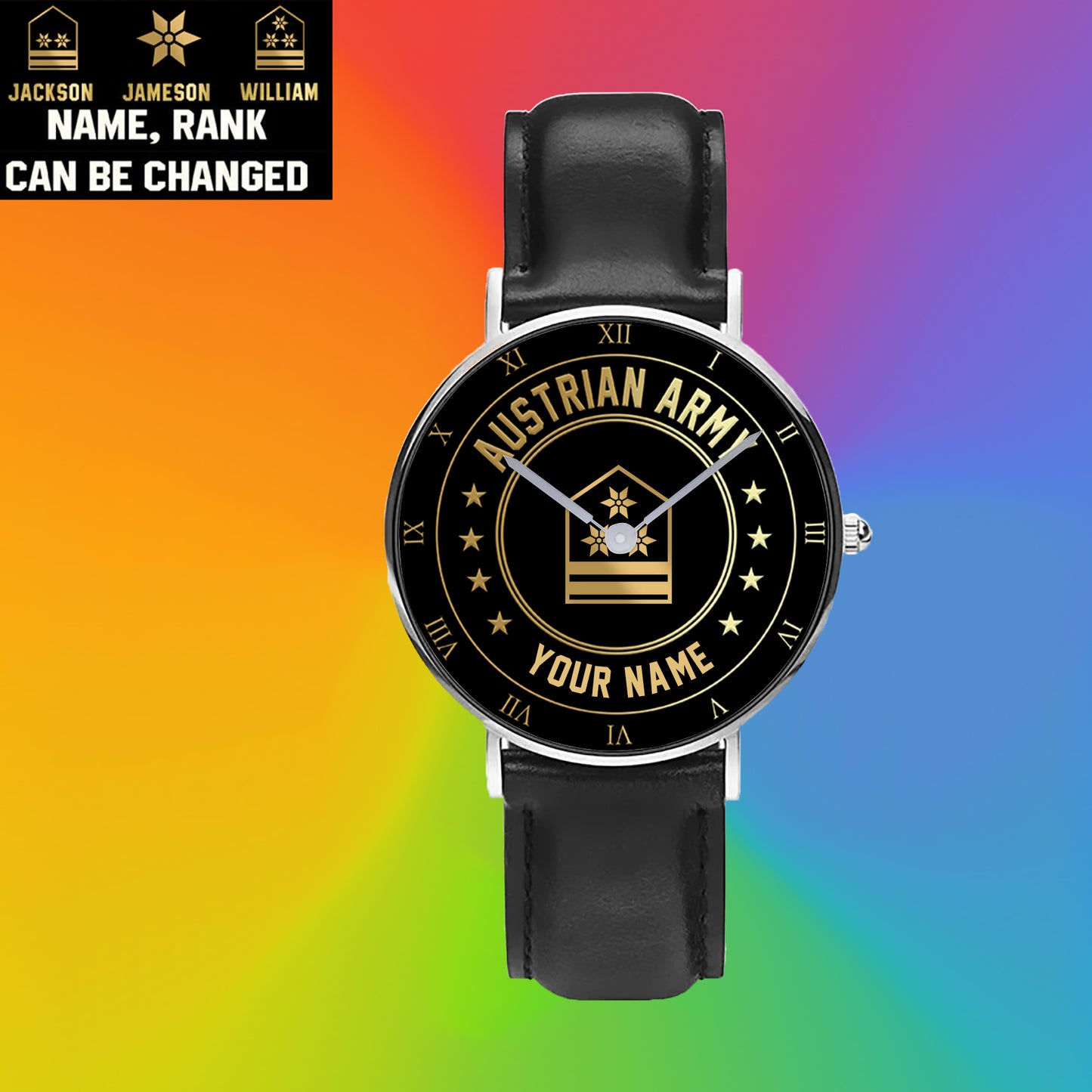 Montre personnalisée en cuir noir avec coutures noires pour soldat/vétéran autrichien avec nom et grade - 2003240001 - Version dorée