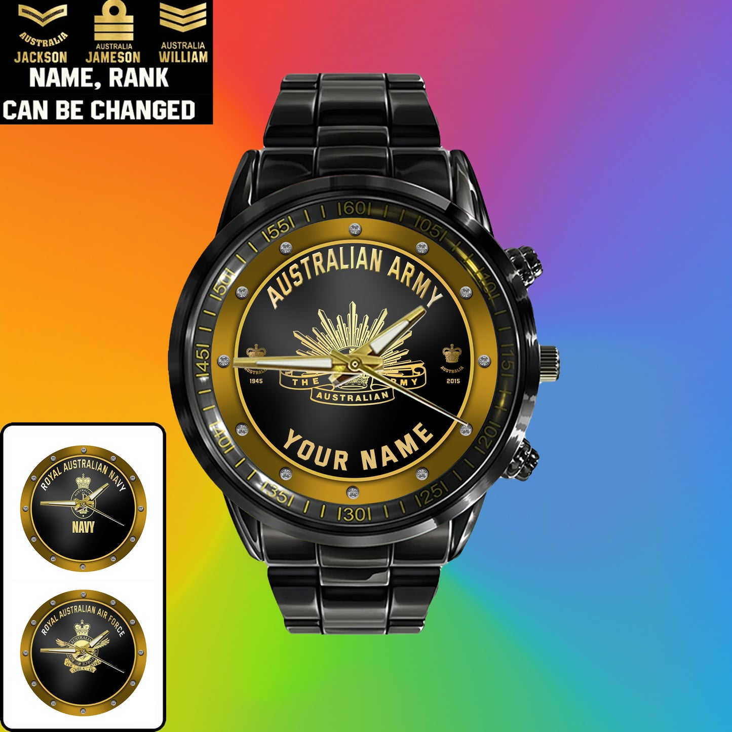 Personalized Australia Soldier/ Veteran With Name, Rank And Year Black Stainless Steel Watch - 1803240001 - Gold Version