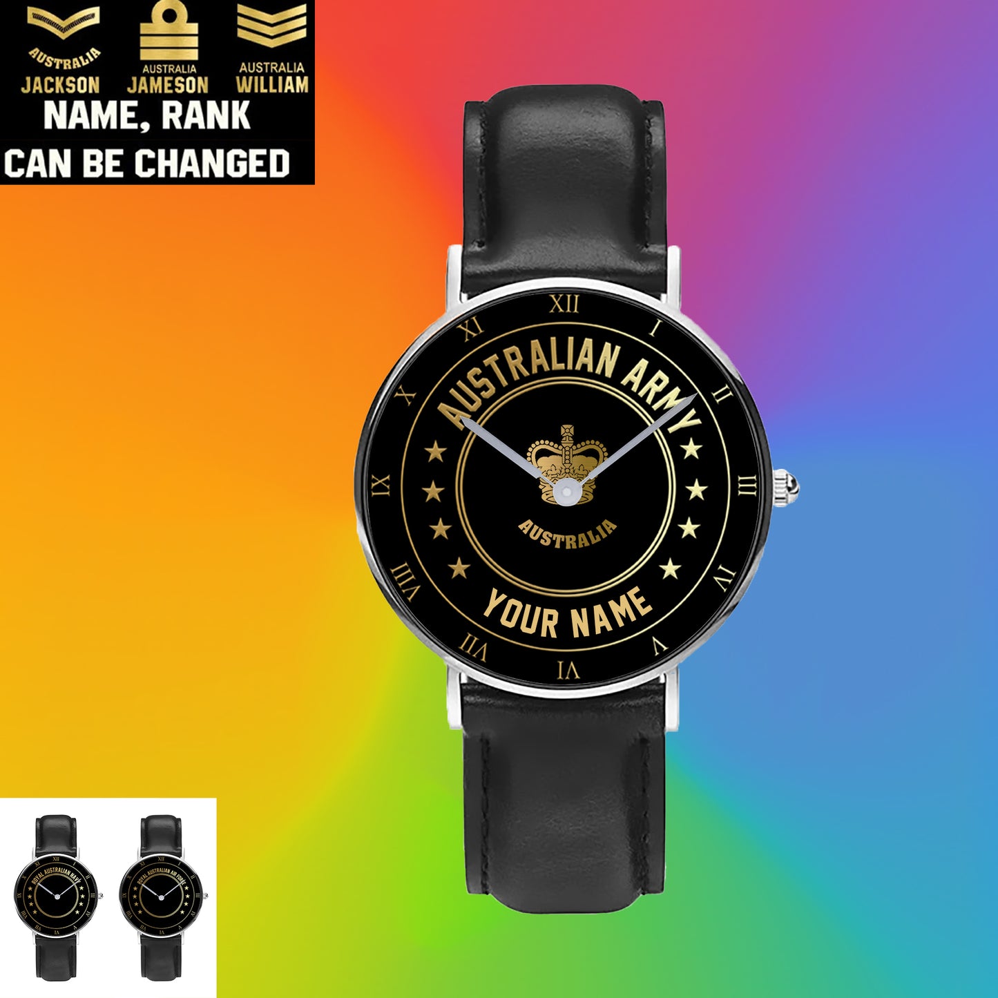 Montre personnalisée en cuir noir avec coutures noires pour soldat/vétéran australien avec nom et grade - 2003240001 - Version dorée