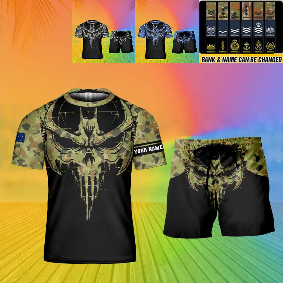 T-shirt personnalisé avec camouflage soldat/vétéran australien avec nom et grade combinés + short imprimés en 3D - 18Mar2401