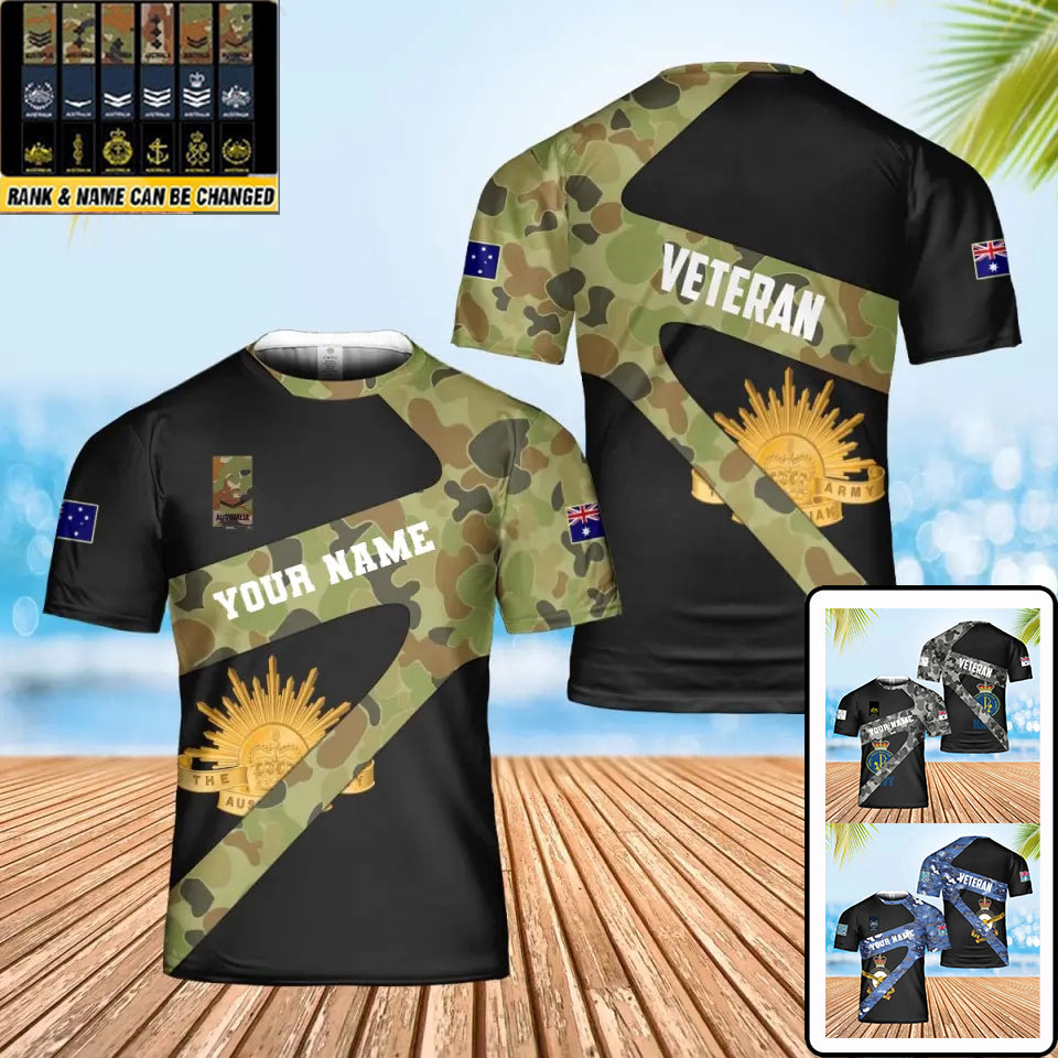 T-shirt personnalisé avec camouflage soldat/vétéran australien avec nom et grade imprimé en 3D - 3001240001