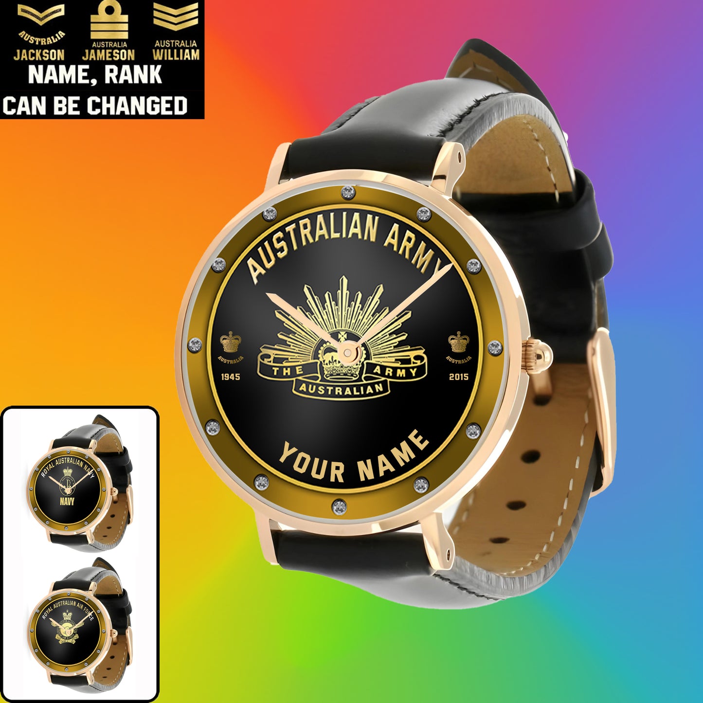 Montre personnalisée en cuir noir avec coutures noires pour soldat/vétéran australien avec nom, grade et année - 1803240001 - Version dorée