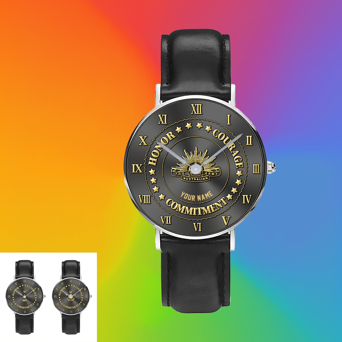 Montre personnalisée en cuir noir avec coutures noires pour soldat/vétéran australien - 2203240001 - Version dorée