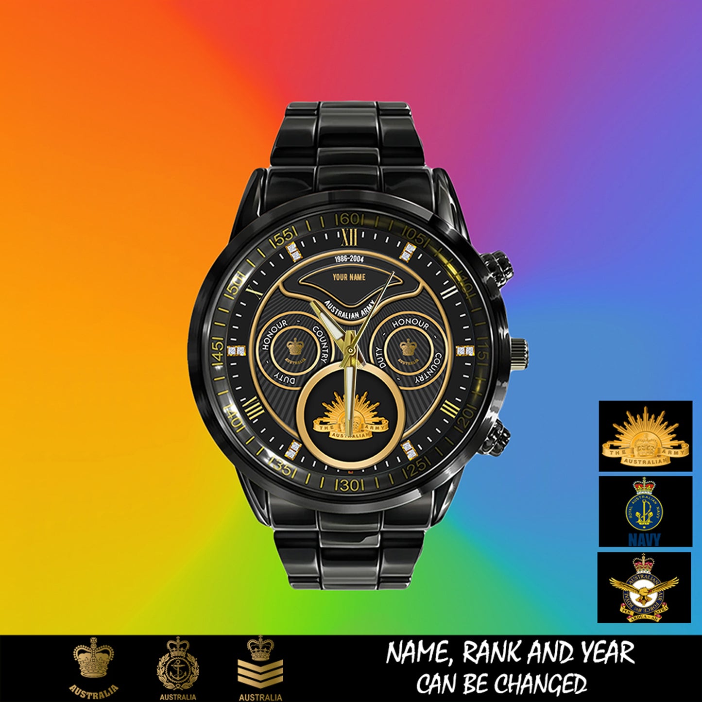 Personalized Australia Soldier/ Veteran With Name, Rank And Year Black Stainless Steel Watch - 17286660 - Gold Version