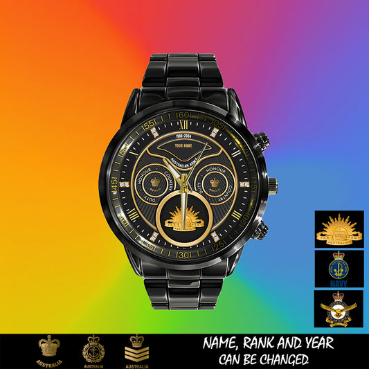 Personalized Australia Soldier/ Veteran With Name, Rank And Year Black Stainless Steel Watch - 17286660 - Gold Version