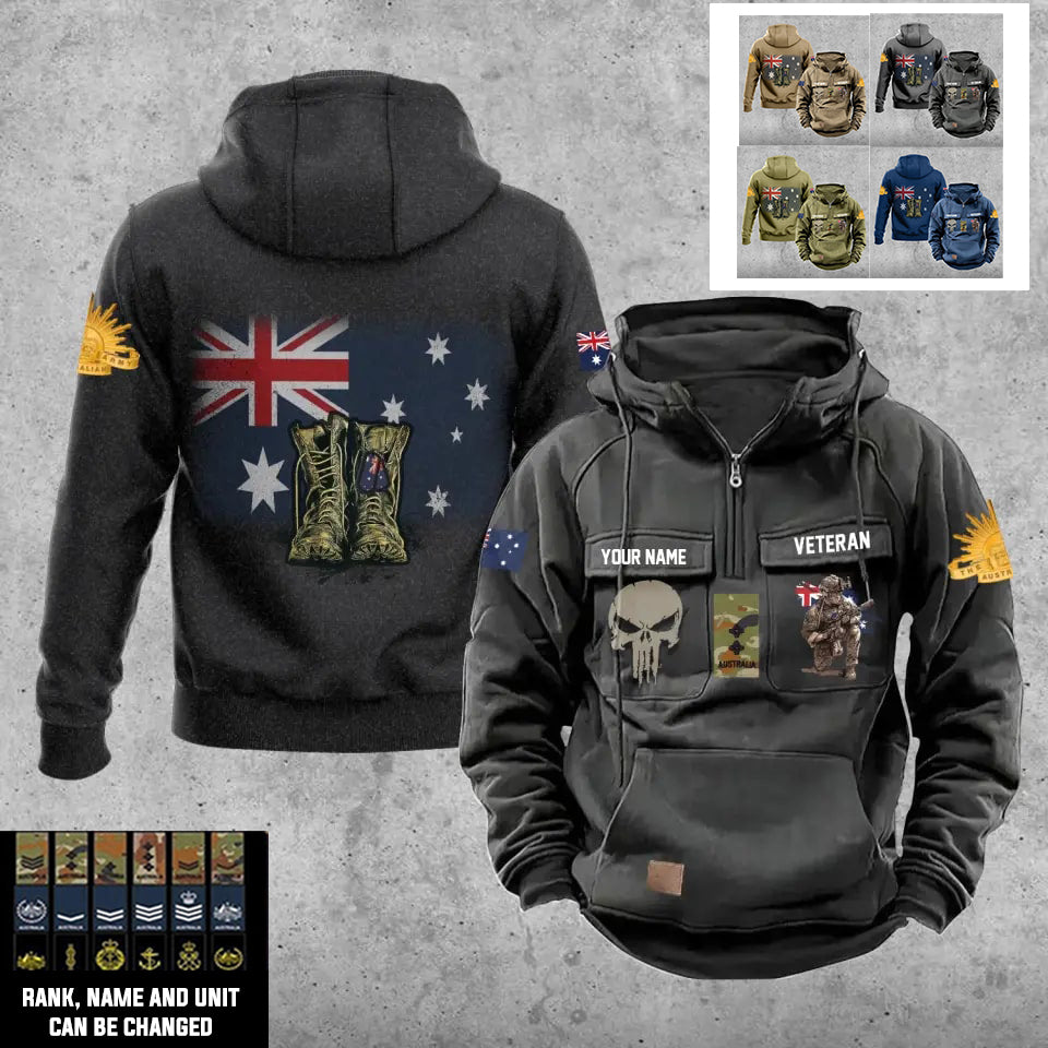 Sweat à capuche vintage personnalisé avec nom et grade de soldat/vétéran australien imprimé sur toute la surface - 17203968