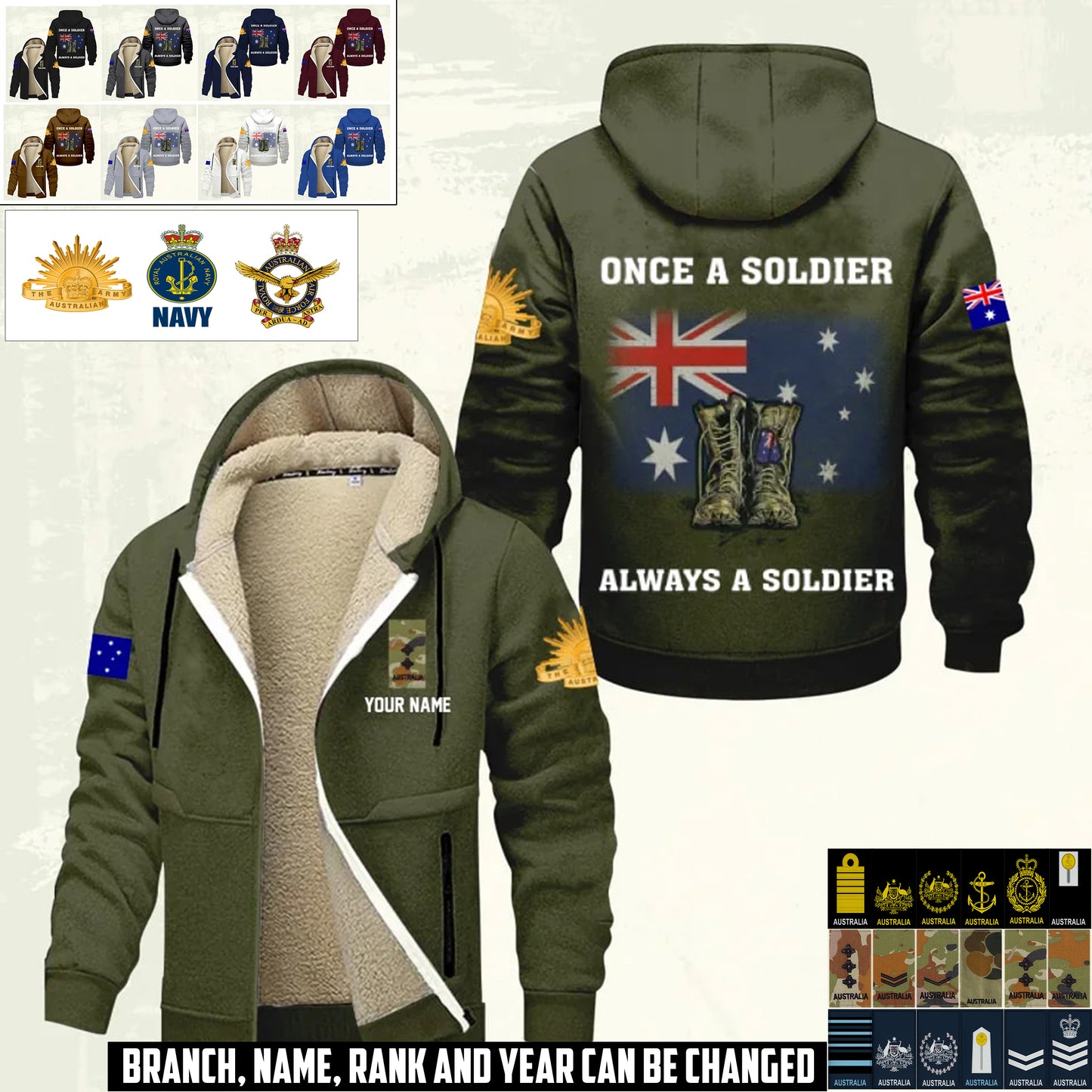 Personalized Australia Soldier/ Veteran With Name And Rank Hoodie Zip Velvet Coat - 17359488