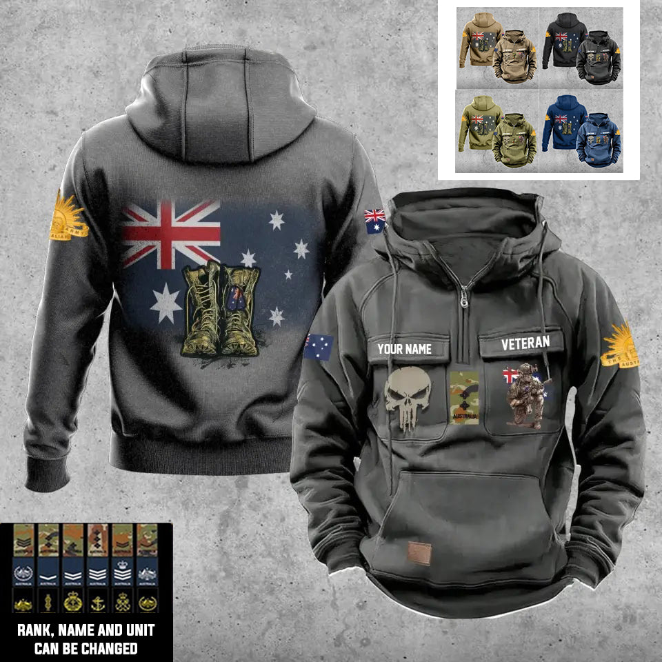 Sweat à capuche vintage personnalisé avec nom et grade de soldat/vétéran australien imprimé sur toute la surface - 17203968