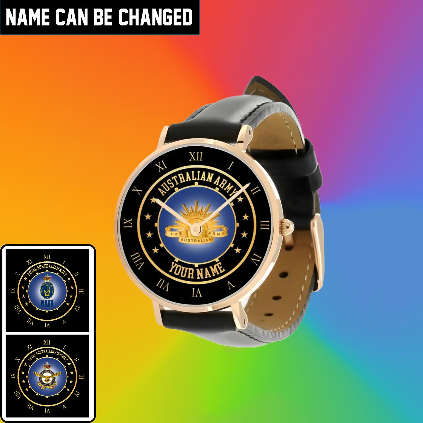 Personalisierte australische Soldat/Veteran mit Namen, schwarze genähte Lederuhr – 05042401QA – goldene Version