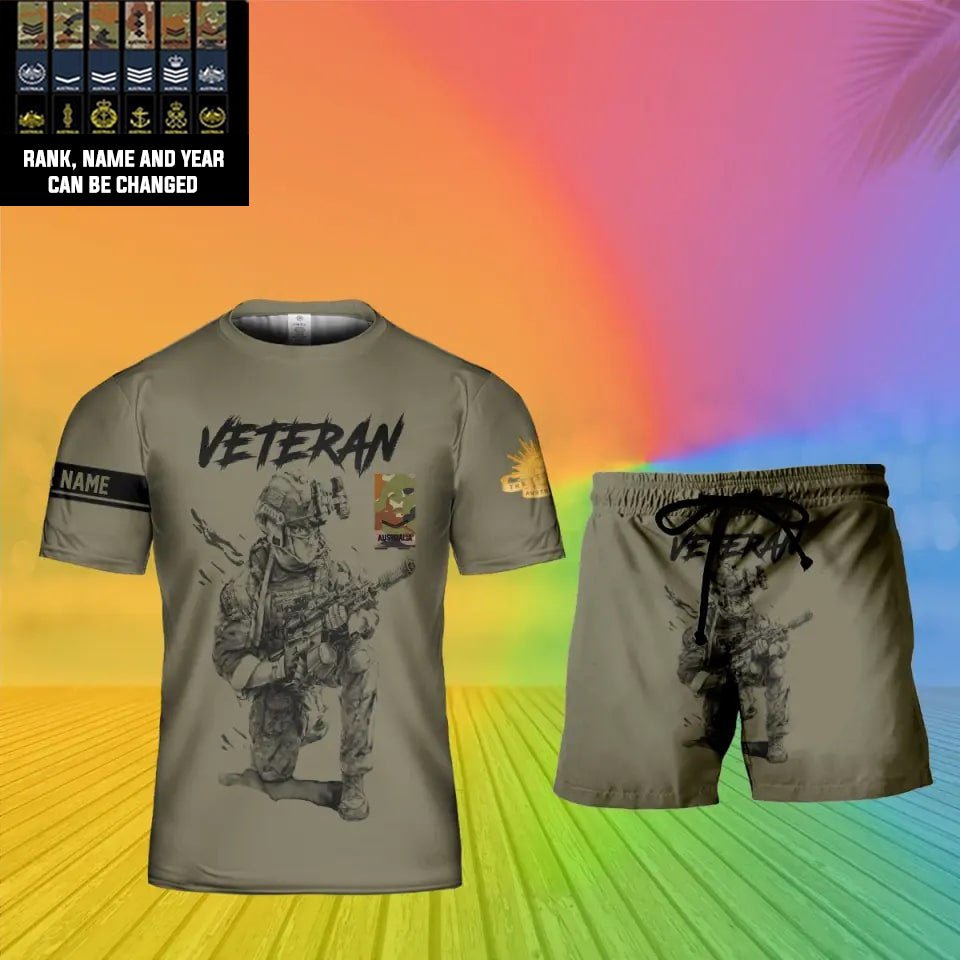 Personalisiertes australisches Soldaten-/Veteranen-Tarnmuster mit Namen und Rang, Kombi-T-Shirt + Short, 3D-Druck – 1720569602