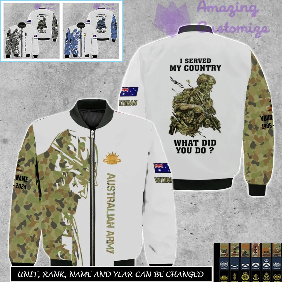 Personalized Australia Soldier/Veteran Camo with Name, Rank Bomber All Over Printed - 17262720