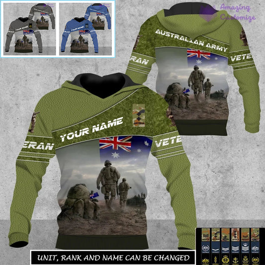 Sweat à capuche personnalisé avec camouflage soldat/vétéran australien avec nom et grade imprimé sur toute la surface - 17267904