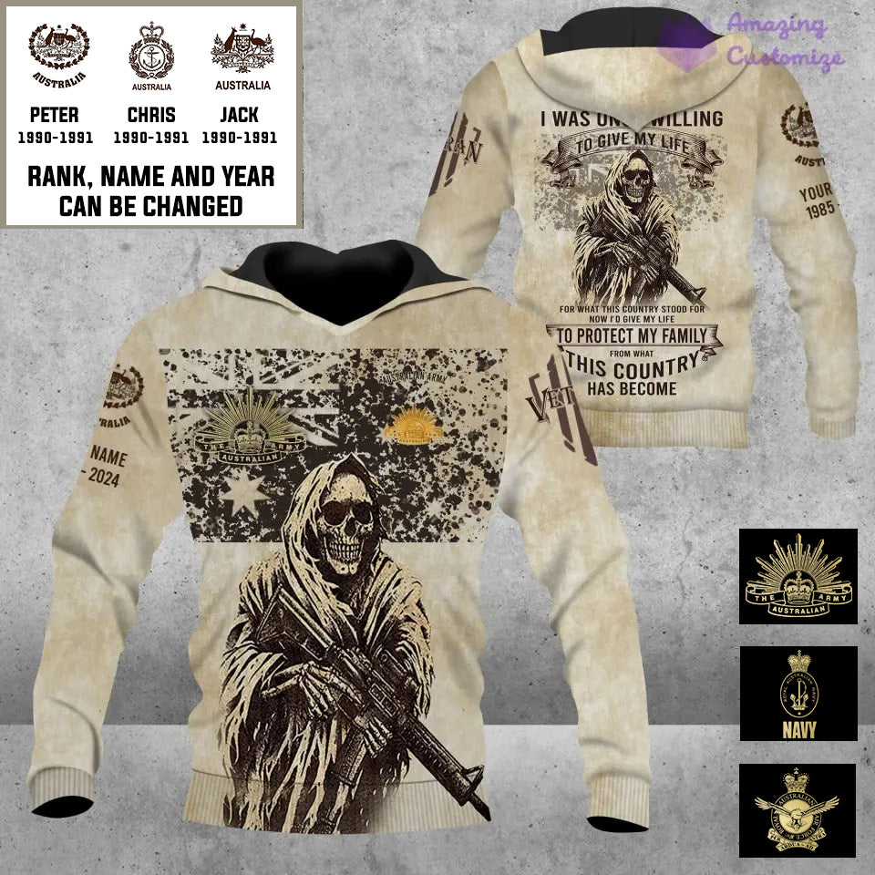 Sweat à capuche personnalisé avec motif camouflage soldat/vétéran australien, nom, année et grade, imprimé sur toute la surface - 17216064