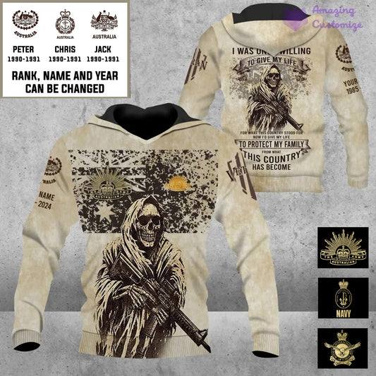 Personalisierter australischer Soldat/Veteranen-Hoodie im Camouflage-Stil mit Namen, Jahr und Rang, komplett bedruckt – 17216064