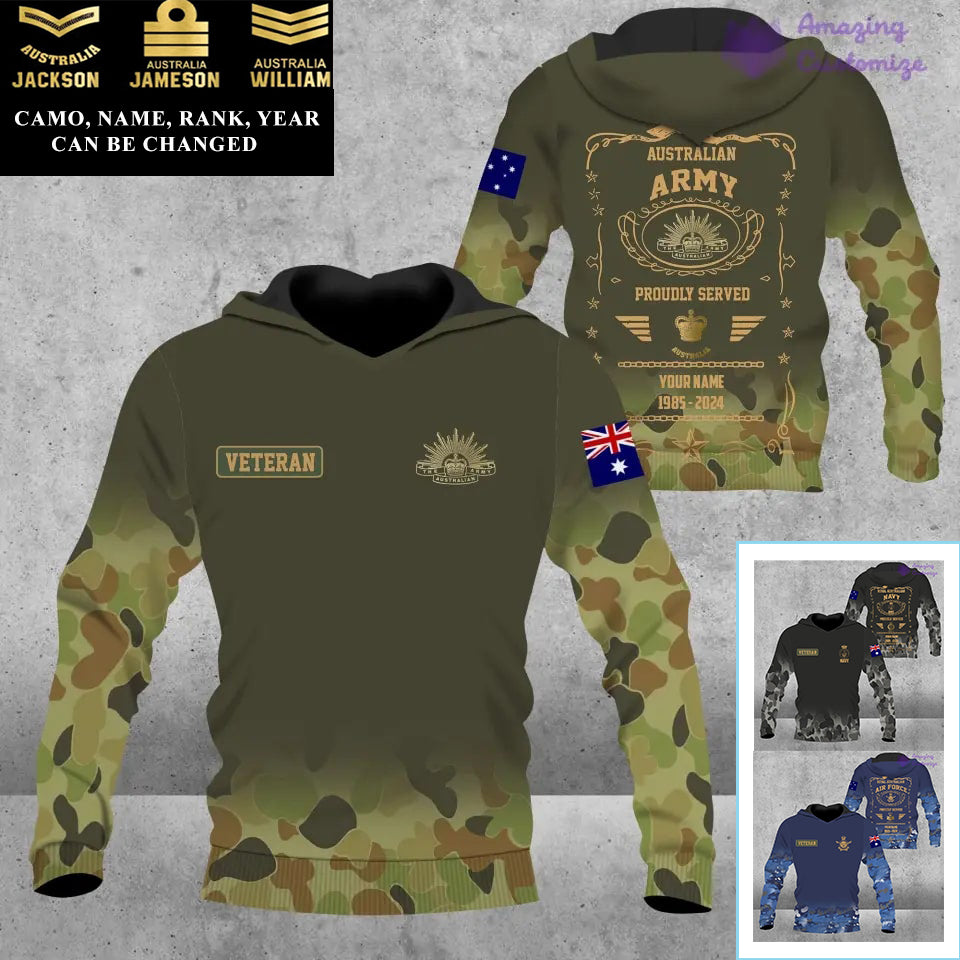 Sweat à capuche personnalisé avec motif camouflage soldat/vétéran australien, nom, année et grade, imprimé sur toute la surface - 1721606402