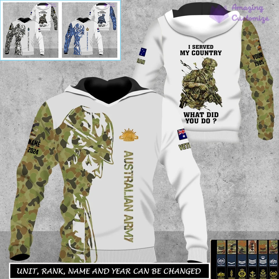 Personalisierter australischer Soldat/Veteranen-Hoodie im Camouflage-Stil mit Namen und Rang, komplett bedruckt – 17262720