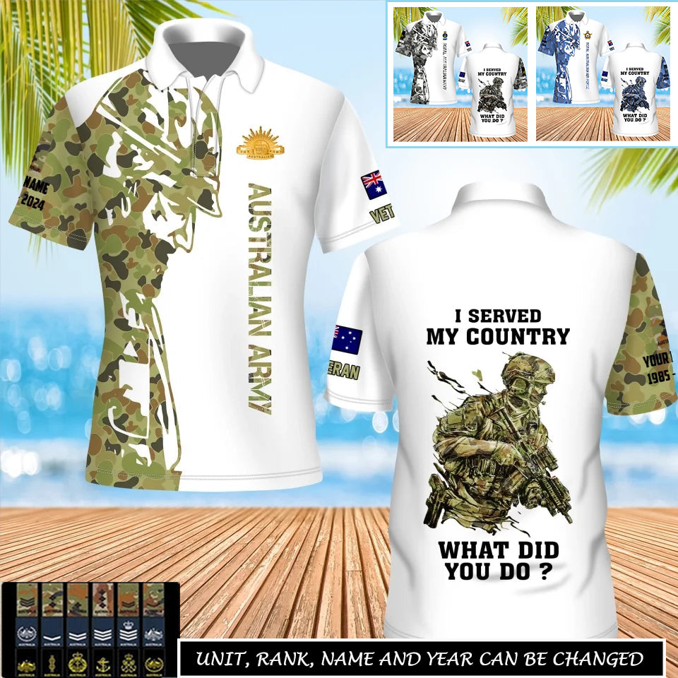 Polo personnalisé avec camouflage soldat/vétéran australien et nom, grade imprimé sur toute la surface - 17262720