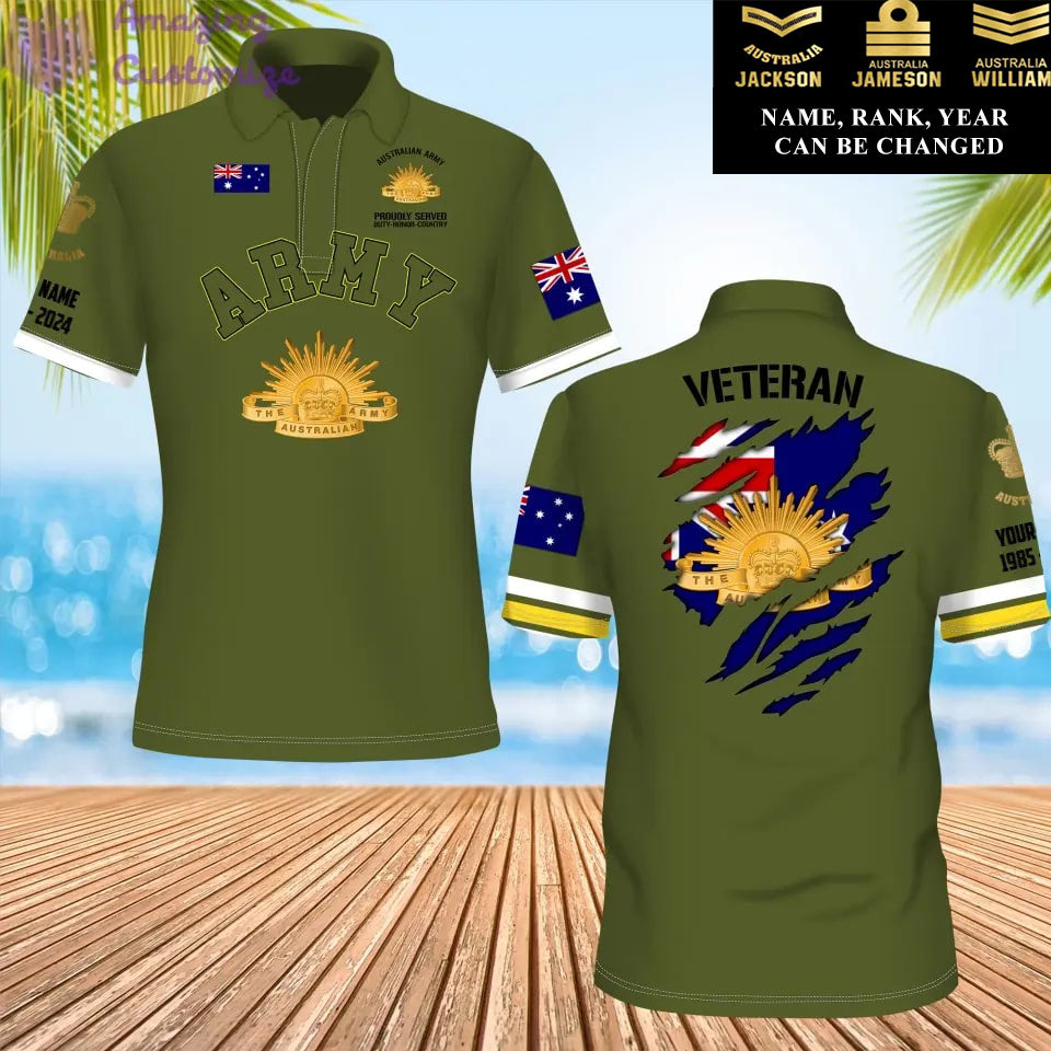 Polo personnalisé avec camouflage soldat/vétéran australien et nom, année et grade imprimés sur toute la surface - 1721865602