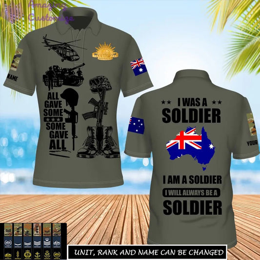 Polo personnalisé avec camouflage soldat/vétéran australien et nom, grade imprimé sur toute la surface - 17235936