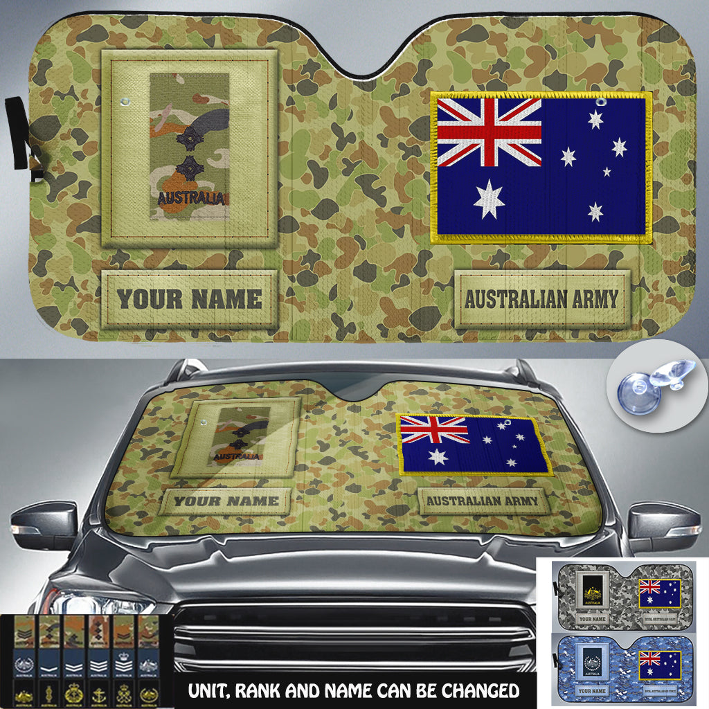 Pare-soleil de voiture personnalisé avec camouflage soldat/vétéran australien avec nom et grade - 17230752