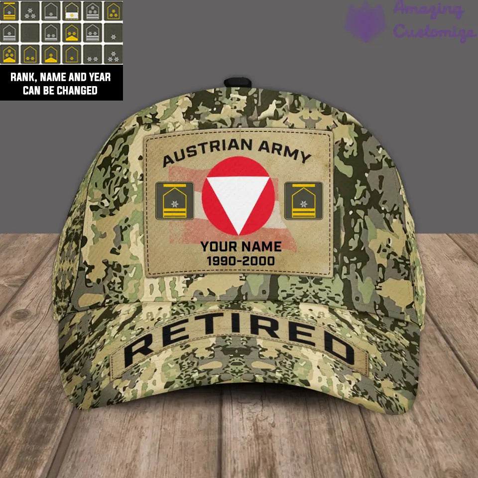 Casquette de baseball camouflage personnalisée avec rang, année et nom pour soldat/vétéran autrichien - 06072401UT