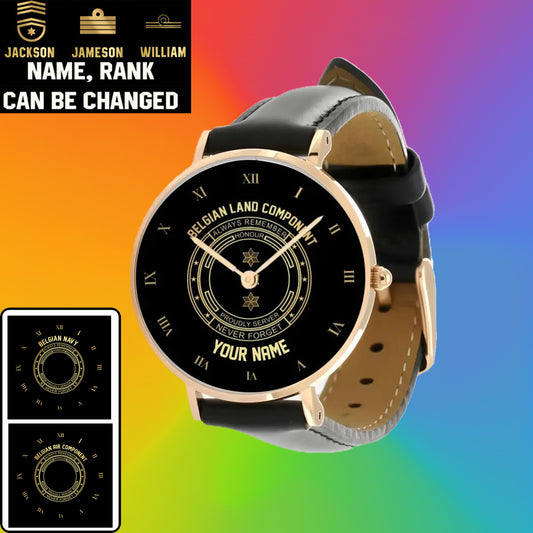 Montre personnalisée en cuir noir cousu pour soldat/vétéran belge avec nom et grade - 2803240001 - Version dorée