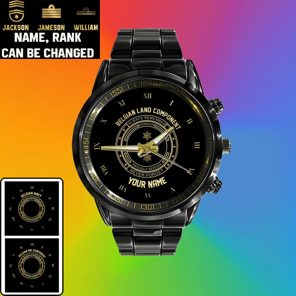 Personalized Belgium Soldier/ Veteran With Name And Rank Black Stainless Steel Watch - 2803240001 - Gold Version