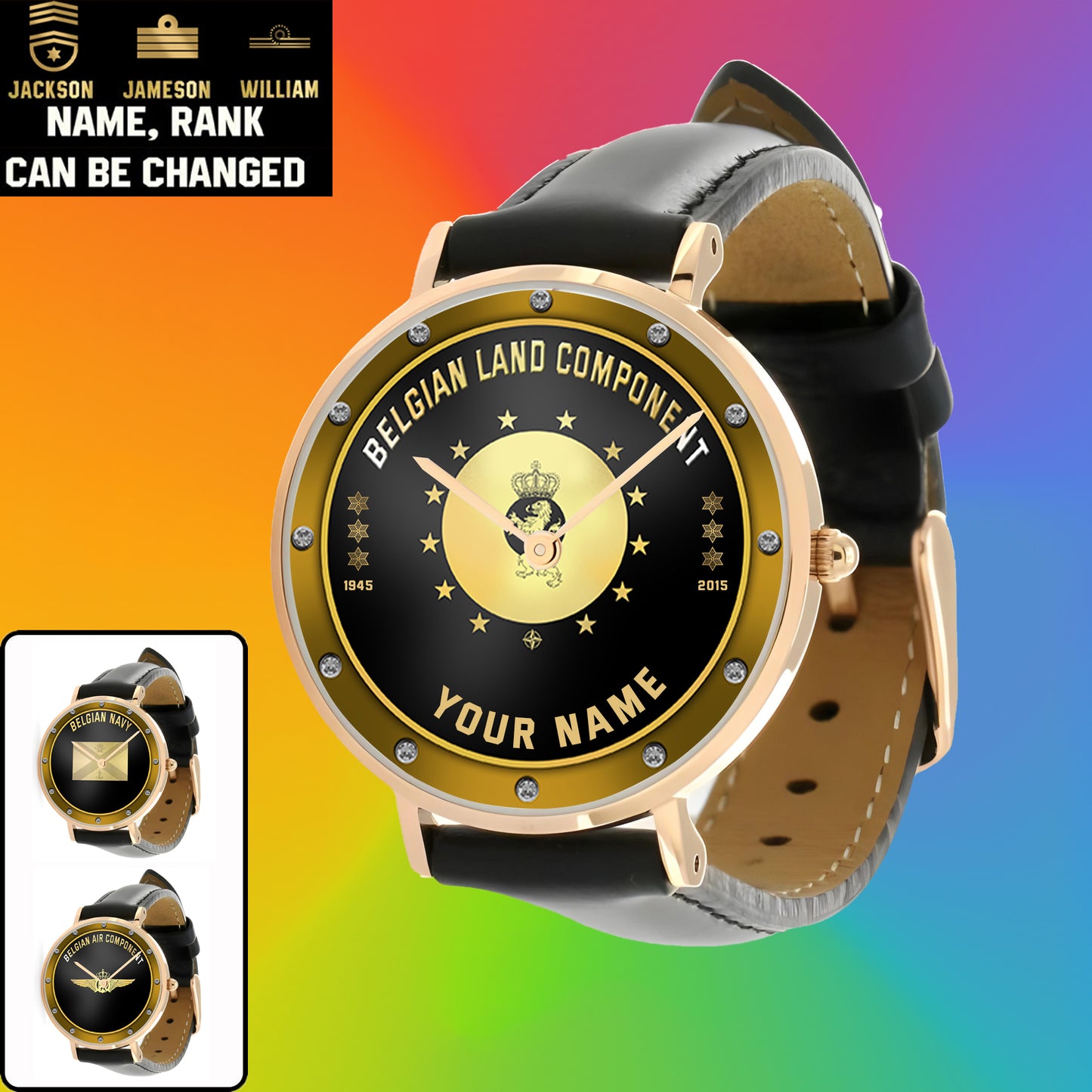 Personalized Belgium Soldier/ Veteran With Name, Rank And Year Black Stitched Leather Watch - 1803240001 - Gold Version