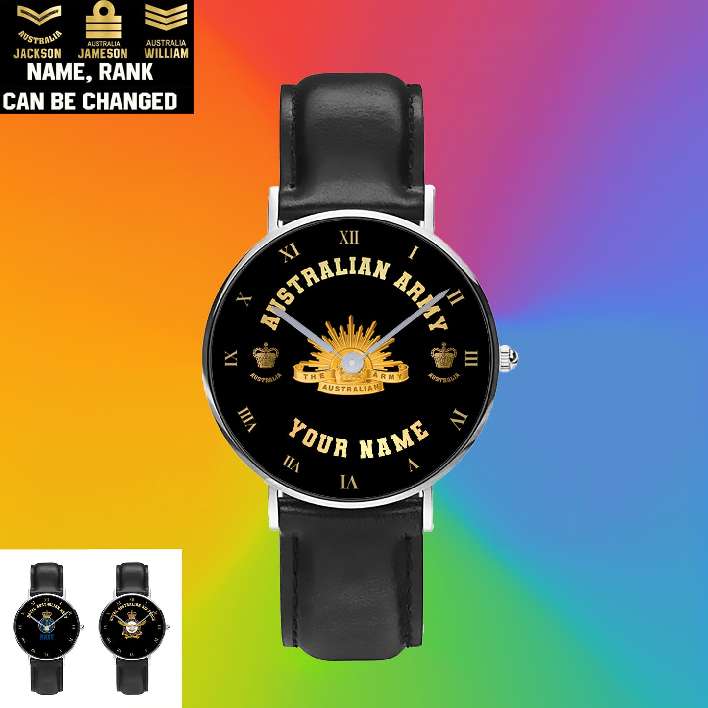 Montre personnalisée en cuir noir avec coutures noires pour soldat/vétéran australien avec nom et grade - 0803240001 - Version dorée