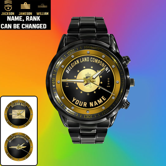 Personalized Belgium Soldier/ Veteran With Name, Rank And Year Black Stainless Steel Watch - 1803240001 - Gold Version