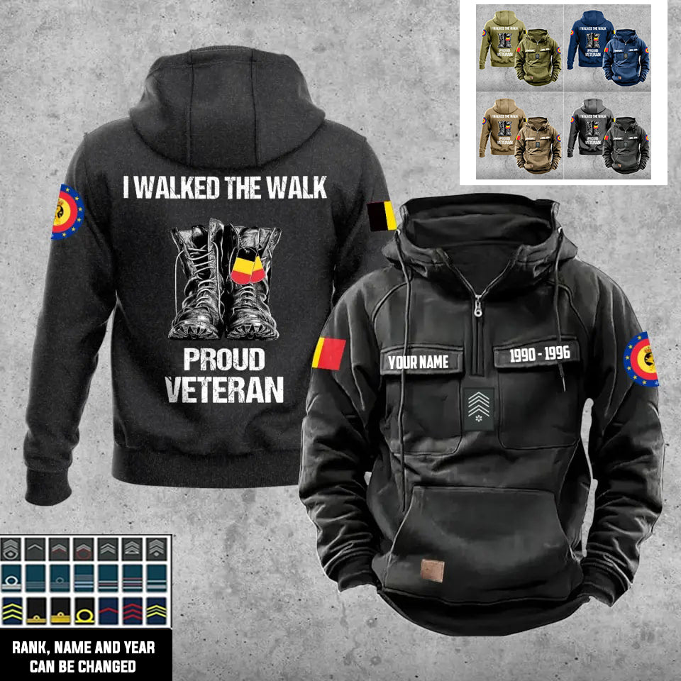 Personalisierter belgischer Soldat/Veteran mit Rang, Jahr und Namen, Vintage-Kapuzenpullover mit Rundumdruck – 17219520