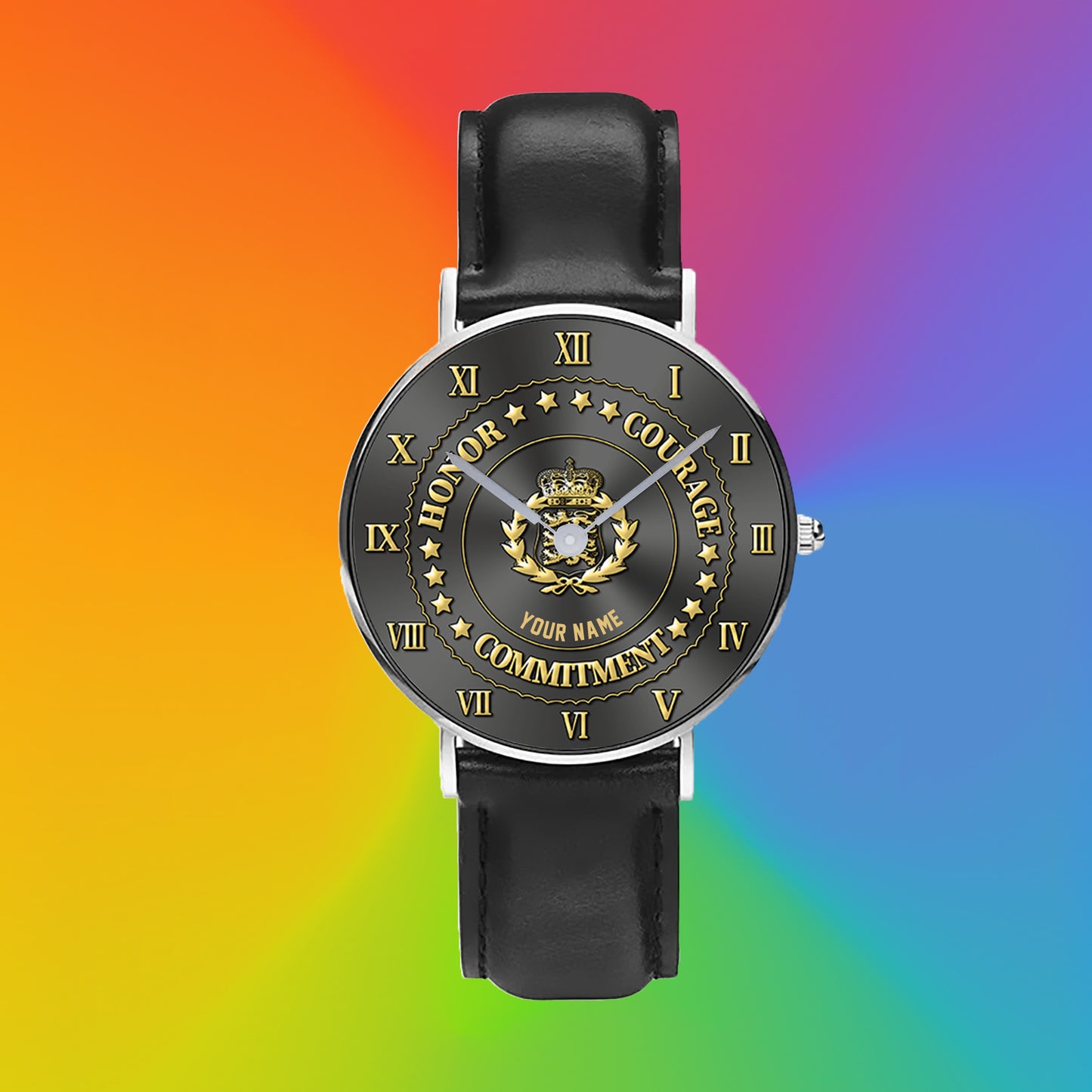 Personalisierte dänische Soldat/Veteran mit Namen, schwarze genähte Lederuhr – 2203240001 – goldene Version