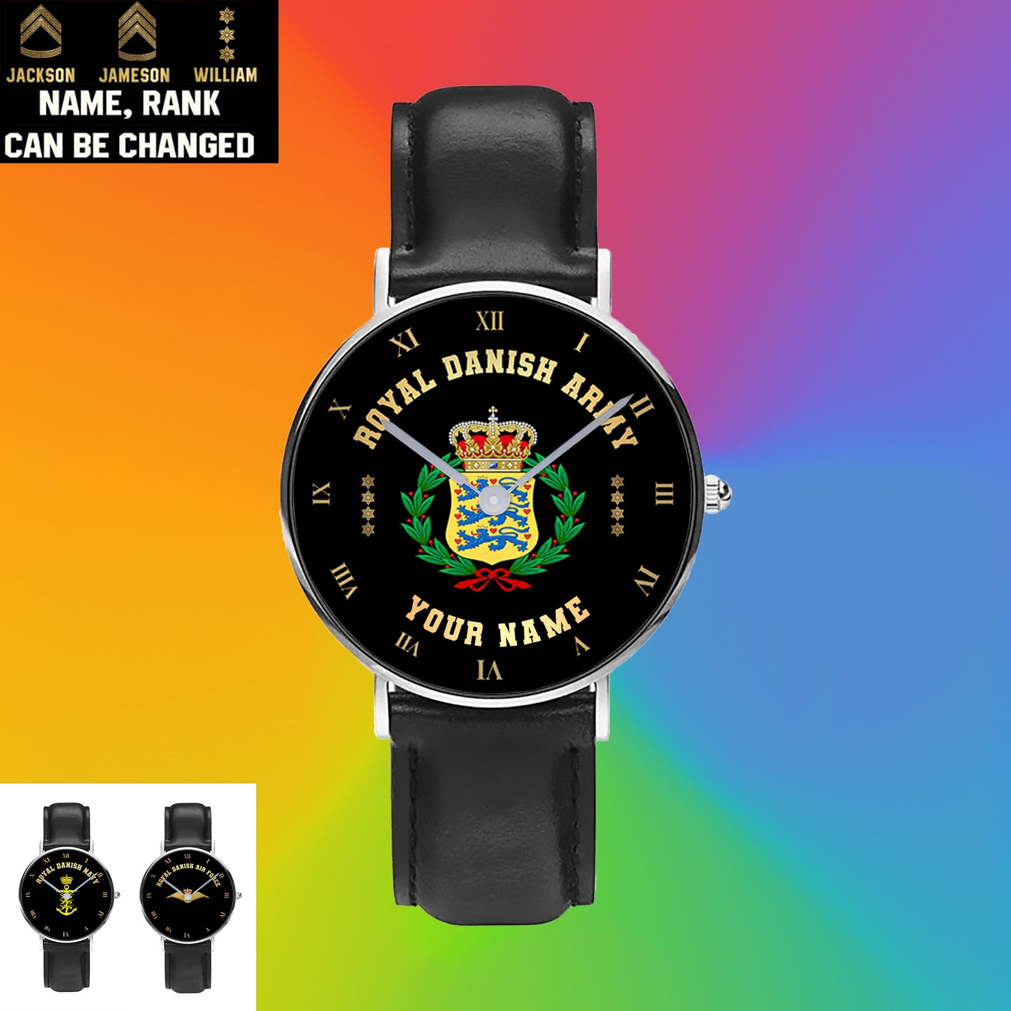 Personalisierte dänische Soldat/Veteran mit Namen und Rang, schwarze genähte Lederuhr – 0803240001 – goldene Version