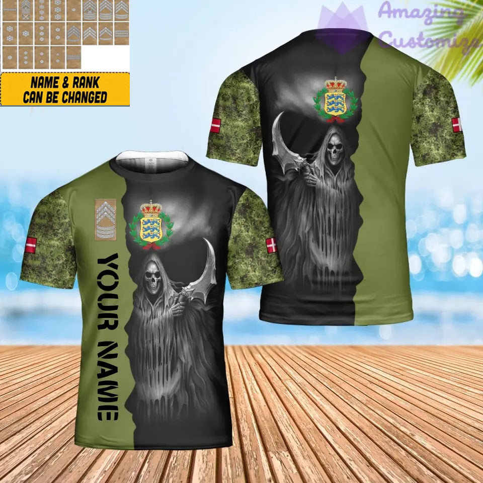 Personalisiertes T-Shirt mit dänischem Soldaten-/Veteranen-Tarnmuster mit Namen und Rang, 3D-Druck – 2601240001