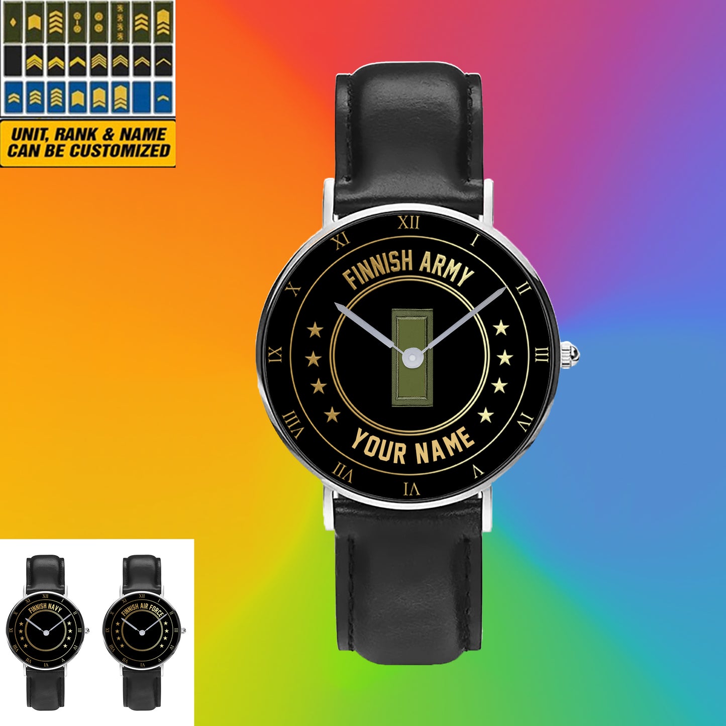 Montre personnalisée en cuir noir avec coutures noires pour soldat/vétéran finlandais avec nom et grade - 2003240001 - Version dorée