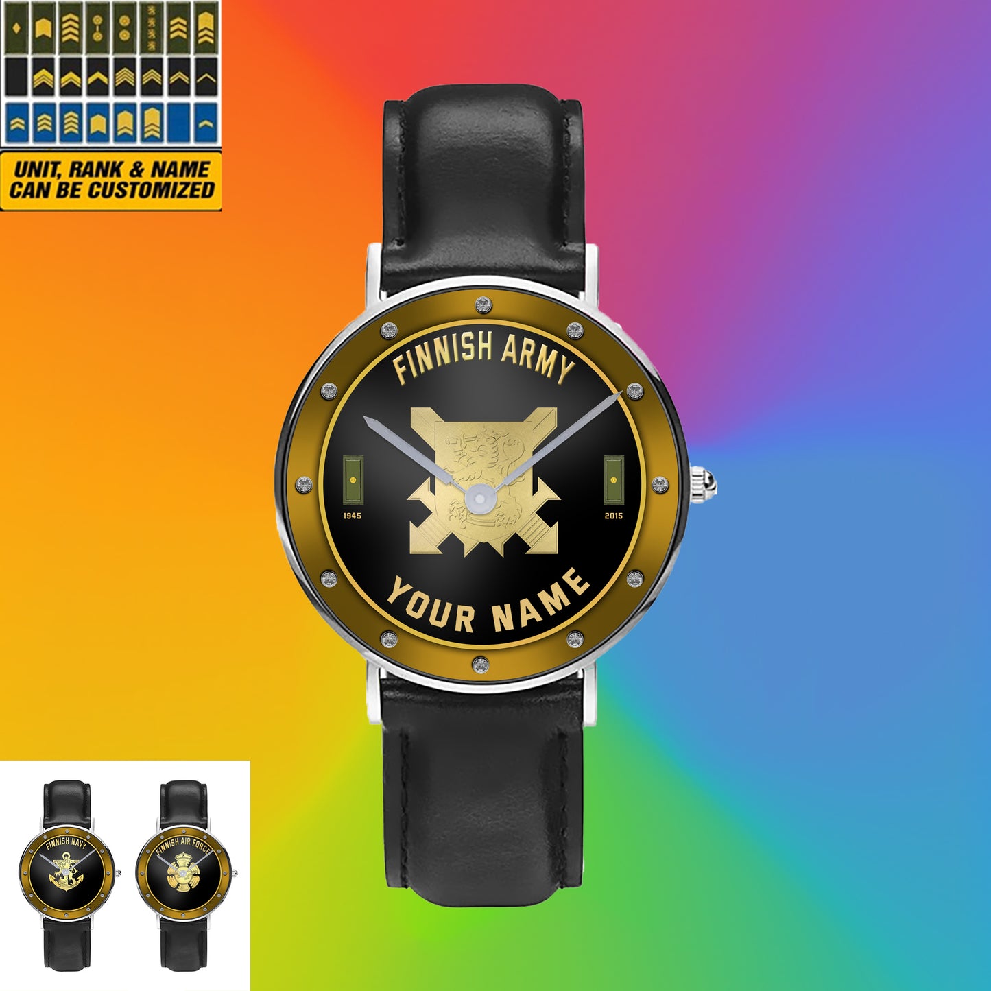 Personalized Finland Soldier/ Veteran With Name, Rank And Year Black Stitched Leather Watch - 1803240001 - Gold Version