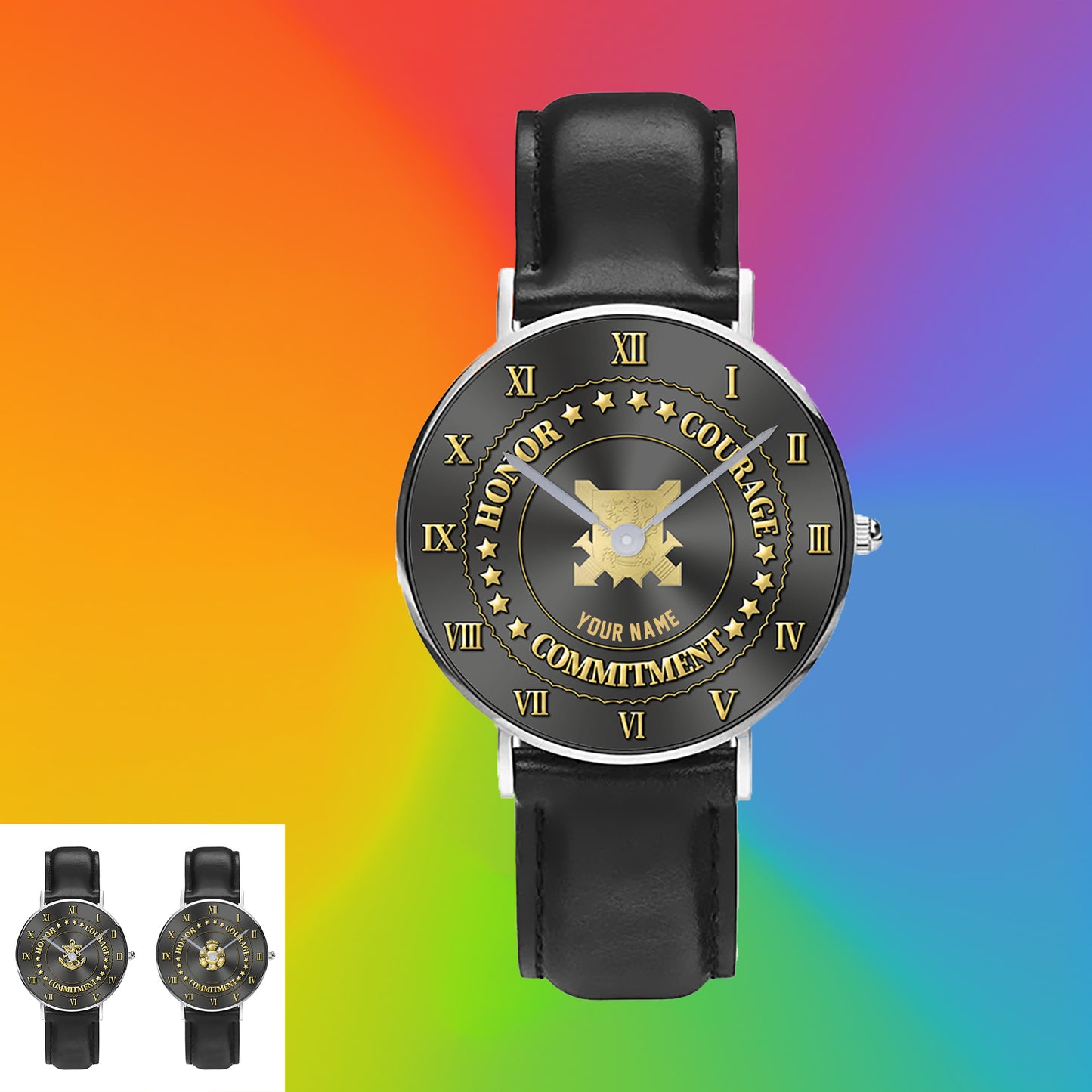 Personalisierte finnische Soldat/Veteran mit Namen, schwarze genähte Lederuhr – 2203240001 – goldene Version