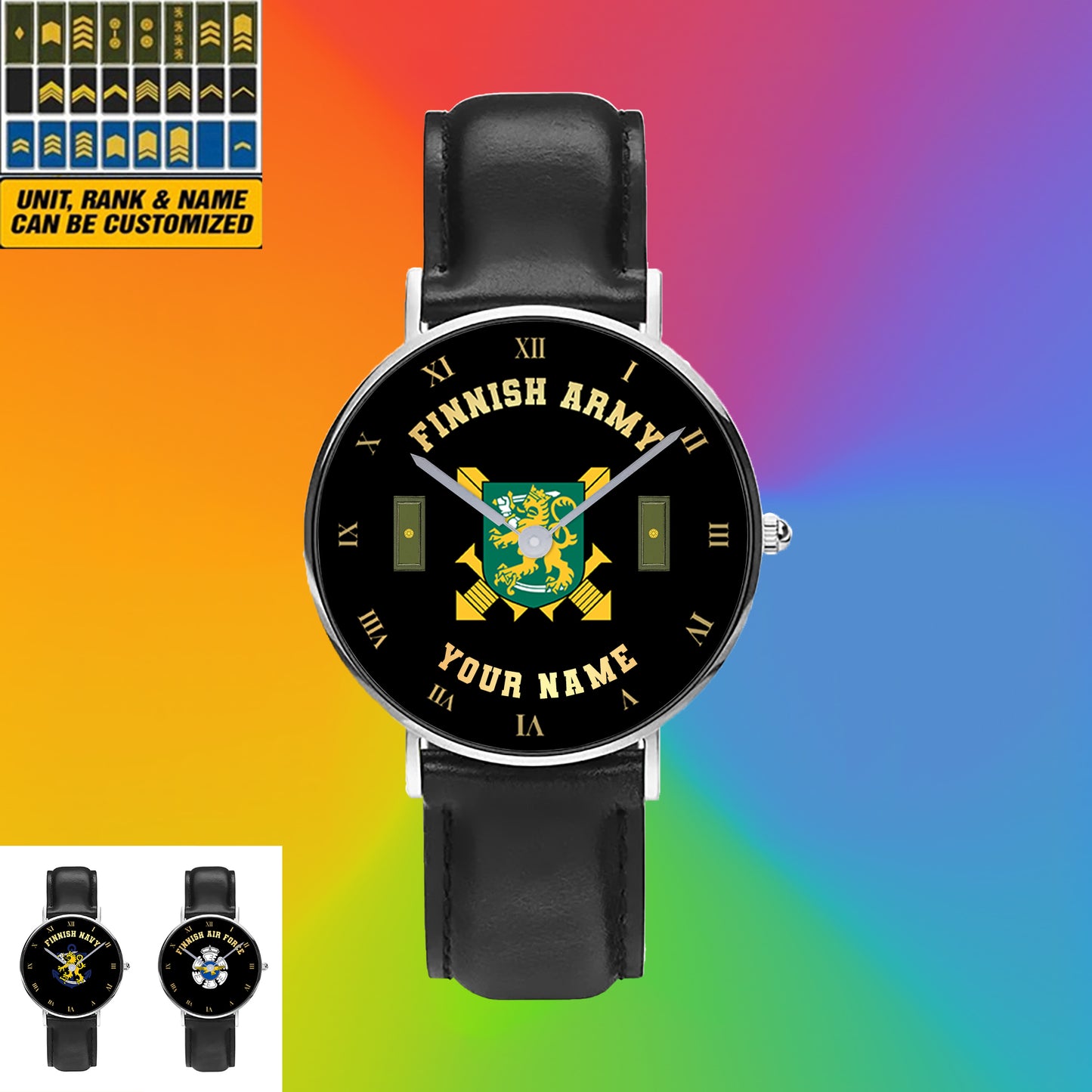 Personalisierte finnische Soldat/Veteran mit Namen und Rang schwarze genähte Lederuhr - 0803240001 - Goldversion