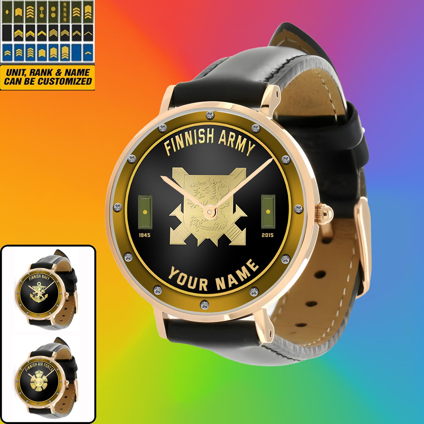 Personalized Finland Soldier/ Veteran With Name, Rank And Year Black Stitched Leather Watch - 1803240001 - Gold Version