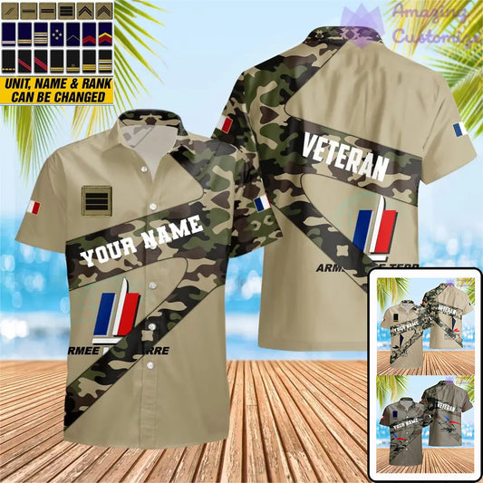 T-shirt Hawaï personnalisé avec camouflage soldat/vétéran de la France avec nom et grade imprimé en 3D - 3001240001